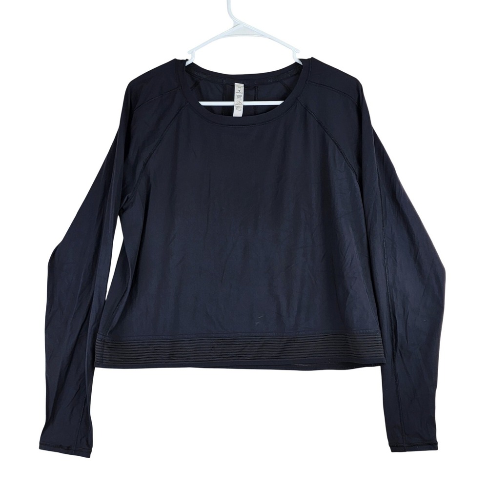 Lululemon Cropped Long Sleeve Top Womens 10 Black Pleated Mesh Hem Athleisure